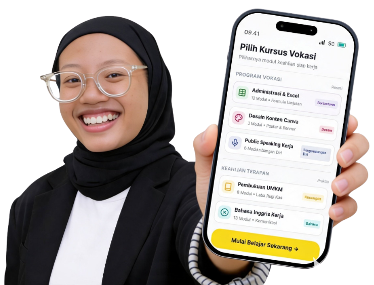 Talent Lembaga Kursus Pijar Aksara Menunjukkan Aplikasi Kursus di Smartphone
